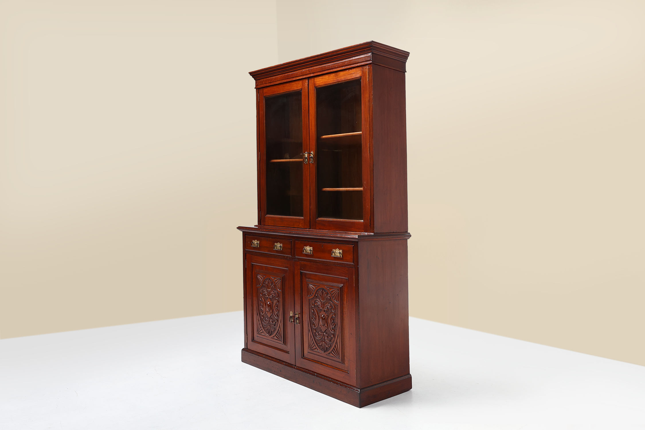 Art Nouveau Display Cabinet or Bookcase in oak with carvings and glass doorsthumbnail